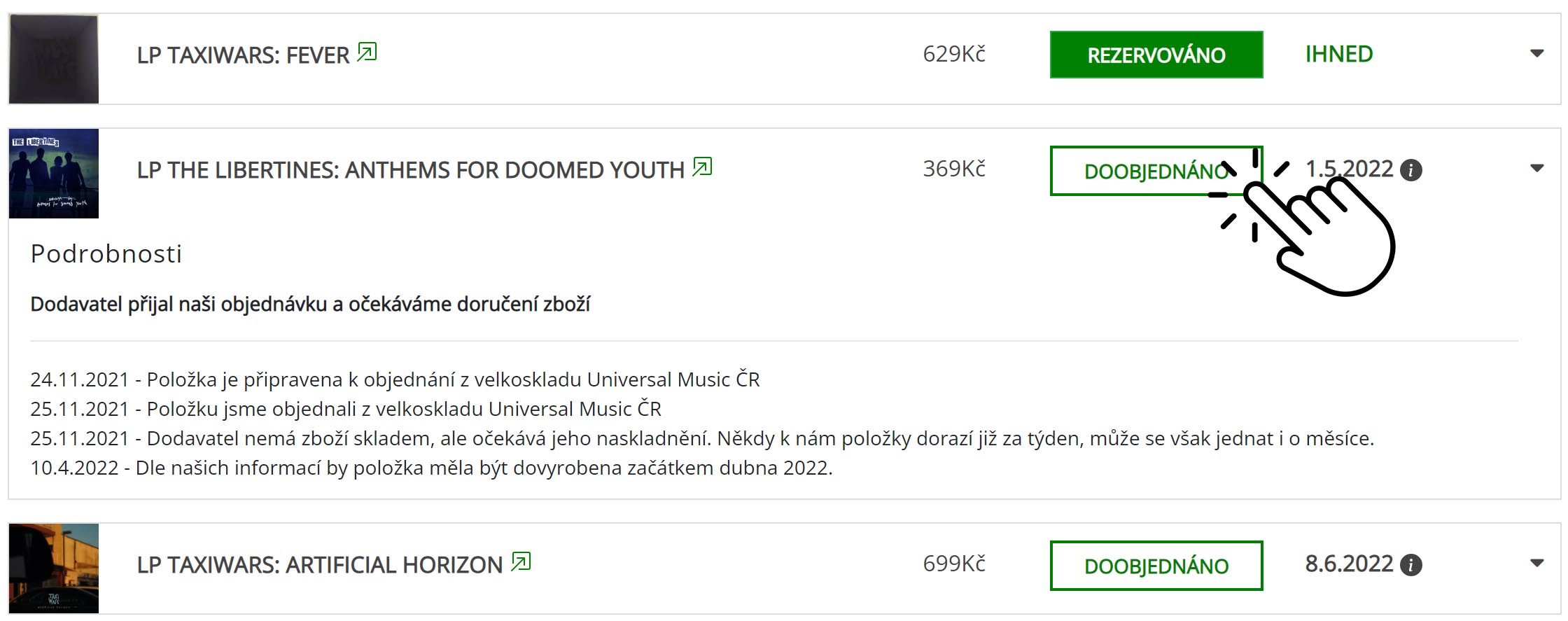 Stato degli articoli riordinati