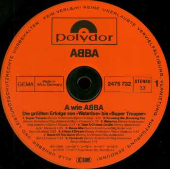 LP ABBA: A Wie ABBA (Die Grössten Erfolge Von »Waterloo« Bis »Super Trouper«)