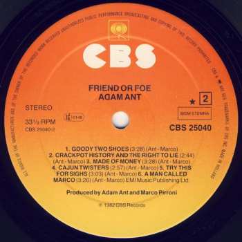 LP Adam Ant: Friend Or Foe