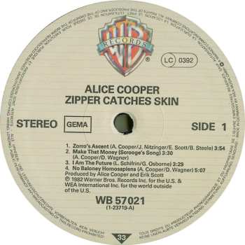 LP Alice Cooper: Zipper Catches Skin