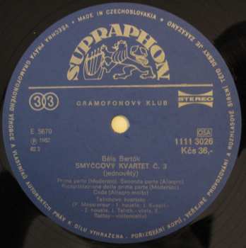 LP Béla Bartók: Smyčcové Kvartety Č. 3 A 4 (83 1)