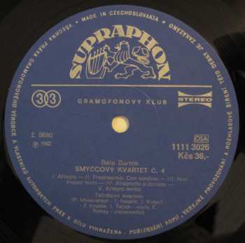 LP Béla Bartók: Smyčcové Kvartety Č. 3 A 4 (83 1)