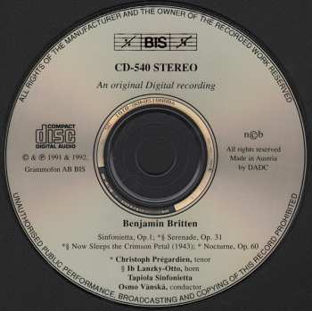 CD Benjamin Britten: Sinfonietta, Op.1 • Serenade, Op.31 • Now Sleeps The Crimson Petal • Nocturne, Op.60