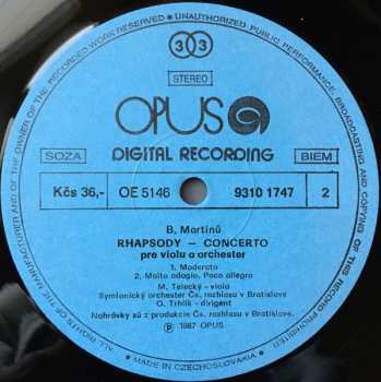 LP Bohuslav Martinů: Rhapsody-Concerto For Viola And Orchestra / Incantation (Piano Concerto No. 4)