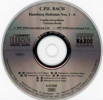 CD Carl Philipp Emanuel Bach: Hamburg Sinfonias Nos. 1 - 6
