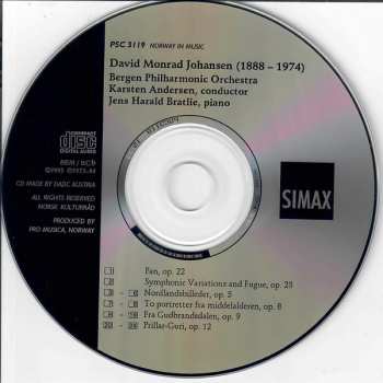 CD David Monrad Johansen: Piano Works Symphonic Variations and Fugue, op.23 Pan, op. 22