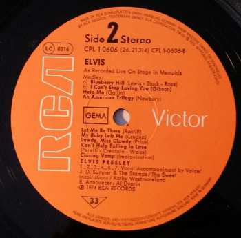 LP Elvis Presley: Recorded Live On Stage In Memphis