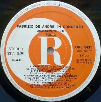 LP Fabrizio De André: Fabrizio De André In Concerto (Arrangiamenti PFM) Vol. 2°