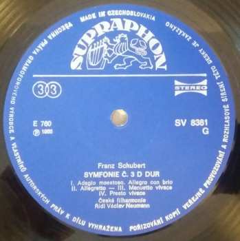 LP Franz Schubert: Symfonie Č. 3 H Moll 8 »Nedokončená«, Č. 8 D Dur