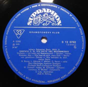 LP Johann Sebastian Bach: Kantáta č. 21  „Ich Hatte Viel Bekümmernis"