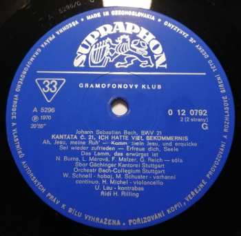LP Johann Sebastian Bach: Kantáta č. 21  „Ich Hatte Viel Bekümmernis"