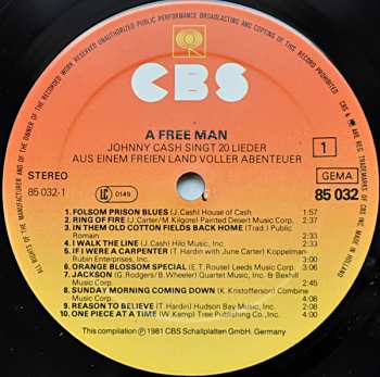 LP Johnny Cash: A Free Man (Johnny Cash Singt 20 Lieder Aus Einem Freien Land Voller Abenteuer)