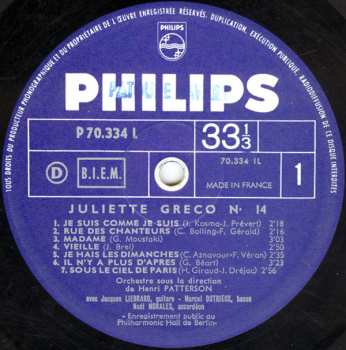 LP Juliette Gréco: À La Philharmonie De Berlin