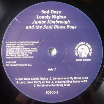 LP Junior Kimbrough And The Soul Blues Boys: Sad Days Lonely Nights