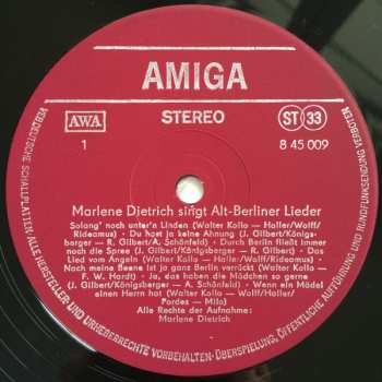 LP Marlene Dietrich: Marlene Dietrich Singt Alt-Berliner Lieder
