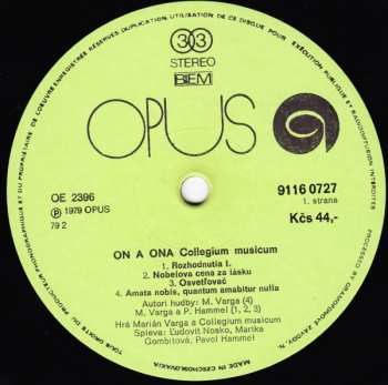 LP Collegium Musicum: On A Ona