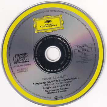 CD Franz Schubert: Symphonien (No. 8 "Unvollendete • Unfinished • Inachevée" & No. 9)