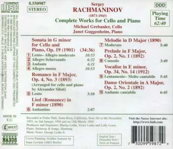 CD Sergei Vasilyevich Rachmaninoff: Complete Works For Cello And Piano