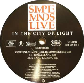 2LP Simple Minds: Live In The City Of Light
