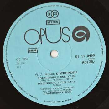 LP Wolfgang Amadeus Mozart: Divertimenti: D Major Kv 136 / B Flat Major Kv 137 / F Major Kv 138 (77 1)