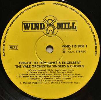 LP The Vale Orchestra With Singers & Chorus: Tribute To Tom Jones And Engelbert