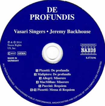 CD Vasari Singers: De Profundis - Miserere - Requiem
